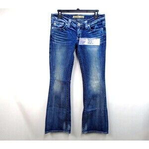 Big Star 'Sweet Flare' Blue Jeans Women Size 28 Short Super Low Rise Flap Pocket